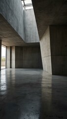 Abstract concrete interior with geometric shapes.