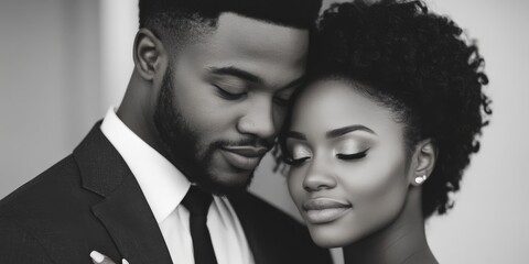 A soulful black and white portrait captures the newlyweds in a moment of quiet reflection, symbolizing timeless love and connection against a stylish monochrome backdrop.