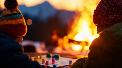 Family enjoying board games by warm fire during sunset