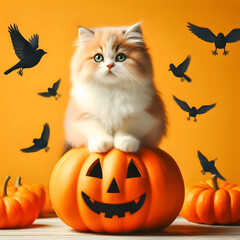 Cute cat sitting above Halloween pumpkin on yellow background