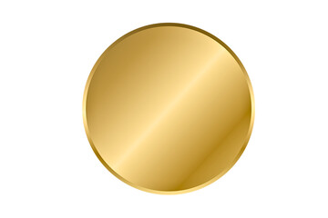 gold circle round background. Golden metal round isolated on white. Metallic shiny element. Circular metal button. Ideal for badge, award, border, plaque. PNG, cut out