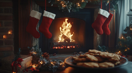 Cozy Fireplace with Stockings and Holiday Treats