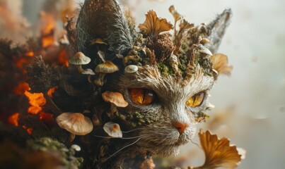 Obraz premium Fantasy Cat with Fungi, Nature's Blend