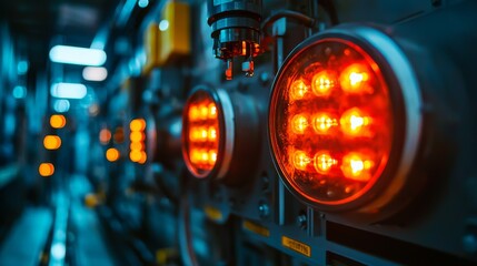 A close-up view of glowing red lights on a machine, showcasing intricate details in a dimly lit environment.
