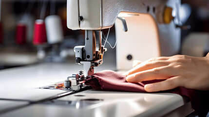 Industrial sewing machine at work, with hands skillfully leading a piece of fabric through the sewing machine to control and align the stitches accurately.