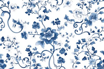 Elegant floral pattern in blue and white, featuring intricate designs of flowers and vines.