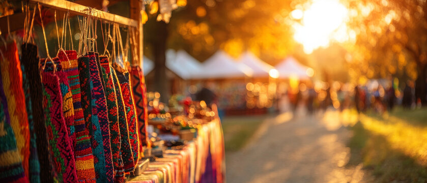 Colorful crafts at vibrant holiday fair during sunset