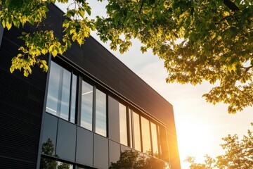 Modern office building bathed in soft morning light urban landscape architectural photography...