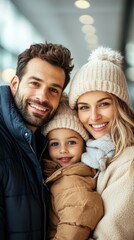 Fototapeta premium A happy family of three, dressed in cozy winter attire, smiles warmly while posing closely together in an indoor environment, showcasing love and warmth.