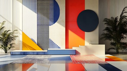 Geometric podium design with sharp edges and bold contrasting patterns