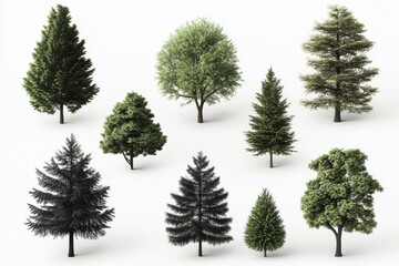 A variety of trees showcasing different textures and colors, arranged artistically on a light background.