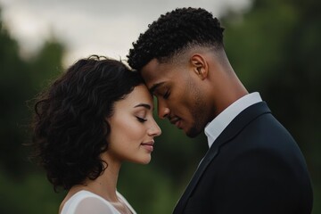 Fototapeta premium In a serene natural setting, a couple shares a tender moment, conveying a sense of connection and unity on their special day, embraced by lush greenery.
