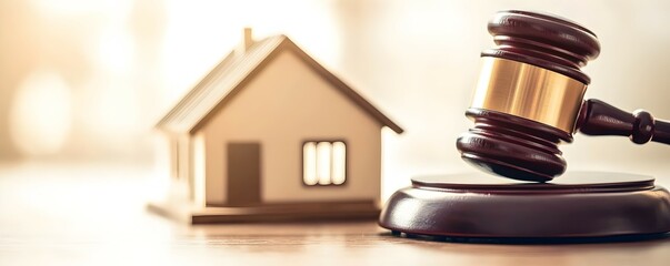 Justice and Home Ownership A Wooden Gavel Beside an Ornate House Model in a Courtroom Setting - Symbolizing the Connection Between Law and Property Rights