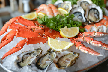 Fresh seafood platters showcasing a variety of shellfish including oysters, shrimp, crab legs and mussels, artfully arranged on a bed of crushed ice with lemon wedges and fresh herbs backdrop