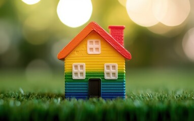 A vibrant close-up of a small rainbow-colored house model on a wooden table, surrounded by a green bokeh background.