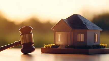 Justice for Homeowners Gavel and Detailed House Model in Warm Tones - Symbolic Imagery of Law and Housing Rights in a Minimalistic Courtroom Setting
