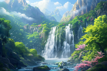 Serene waterfall cascading through lush greenery.