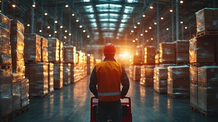 Worker in a warehouse at sunset, surrounded by stacked pallets and warm lighting.