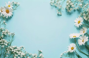 White flowers on a blue background with copy space for text. Simple flat lay composition of a spring or summer floral bouquet, a wedding invitation card template