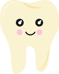 Cartoon illustration of a smiling tooth with big eyes, pink cheeks, and a small mouth.
