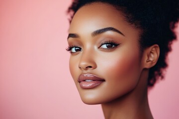 Fototapeta premium A stunning portrait of a woman with soft and flawless makeup, set against a pink background, highlighting her natural beauty and confident expression.