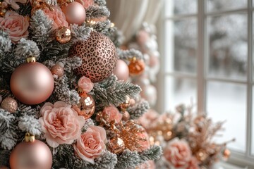 Luxurious Gold and Pink Christmas Tree against a Festive Window Backdrop