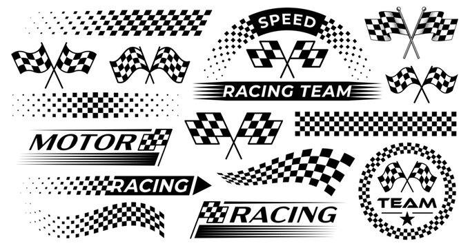 racing Black and White vector set, car racing vector set, checkered flag templates, speed inspired Designs, sport automotive graphics, black and white full vector set