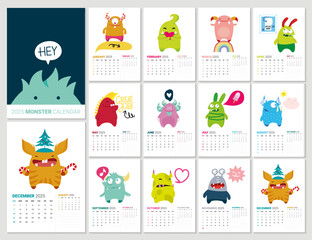 Colorful 2025 calendar illustrated with a cute little monster for every month. Vector illustration