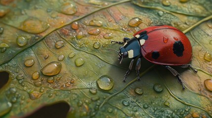 Macro photo of a ladybug with raindrops on a leaf, capturing the vibrant colors and intricate details of nature's design.