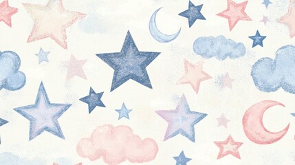 A whimsical pattern featuring stars, moons, and clouds in soft pastel colors.