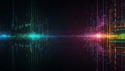 Abstract electronic background with neon lights and patterns.