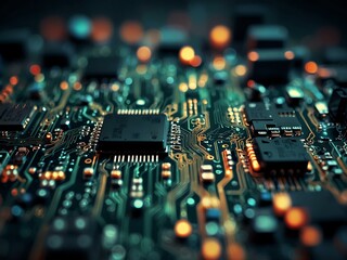 Abstract electronic motherboard background with defocused effects.