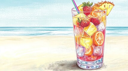 A vibrant glass of mixed fruit drink with ice, set against a beach backdrop.