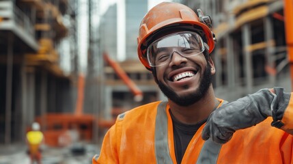 Smiling construction worker wearing protective gear on an active construction site with buildings in the background, showcasing safety and positivity in the workplace.