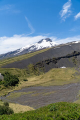 A stunning view of a volcano in a natural park in Chile during summer, surrounded by lush greenery and clear skies.