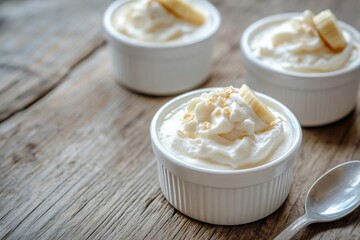 Banana Pudding Delight. Individual Portions of Sweet Dessert with Whipped Cream and Banana, Closeup with Copy Space