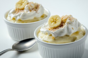 Banana Pudding Delight: Sweet Indulgence with Whipped Cream and Fresh Banana, Closeup with Copy Space