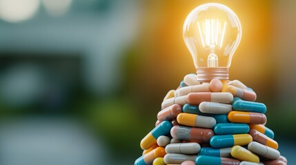 A creative composition featuring a glowing light bulb atop a vibrant mound of colorful capsules, symbolizing innovation in healthcare.