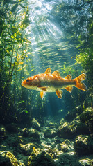 A serene underwater scene featuring a koi fish amidst lush aquatic plants.