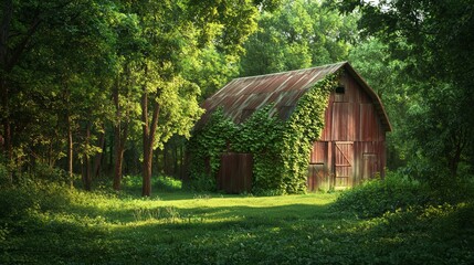Serene Forest Barn with Ivy Climbing, Sunlit Clearing - Ultra-Detailed Photorealistic Image