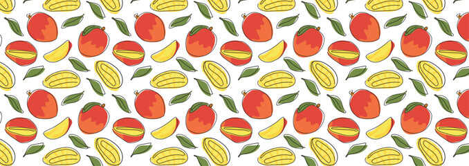 Abstract tropical mango pattern in flat style. Fresh, delicious fruit seamless pattern. Vector background. Summer freshness for health. For background, juice, ice cream or packaging.