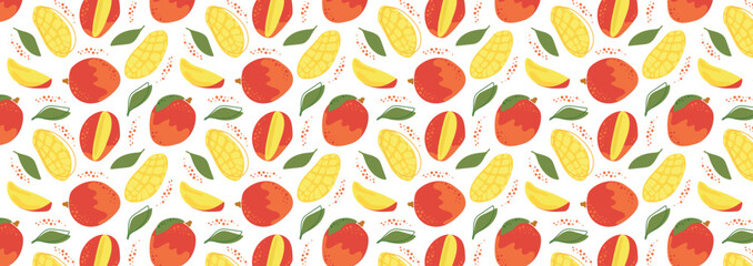 Abstract tropical mango pattern in flat style. Fresh, delicious fruit seamless pattern. Vector background. Summer freshness for health. For background, juice, ice cream or packaging.