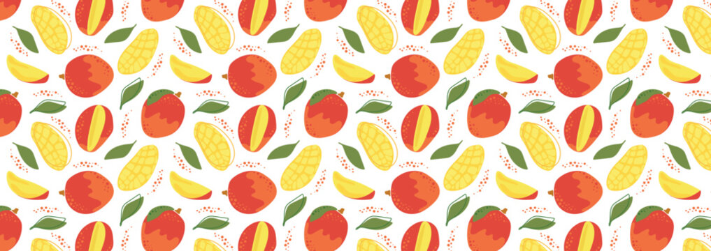 Abstract tropical mango pattern in flat style. Fresh, delicious fruit seamless pattern. Vector background. Summer freshness for health. For background, juice, ice cream or packaging.