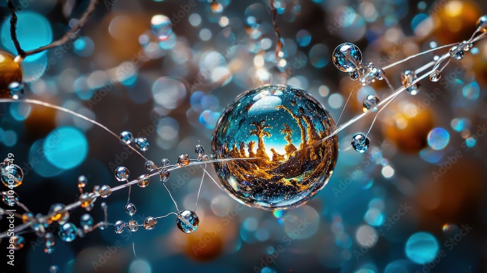 Poster artistic closeup of reflective beads on a thread nature scene macro photography vibrant environment 
