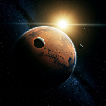 Beautiful view of the red planet Mars with its moons Phobos and Deimos. AI generated