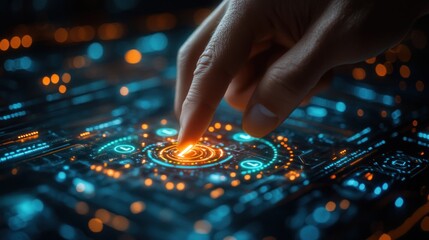 Naklejka premium Fingertip activating glowing futuristic interface.