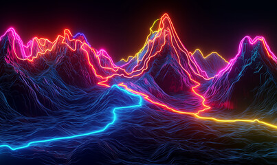 Vibrant neon mountain landscape digital art creation abstract environment futuristic viewpoint illuminated nature concept