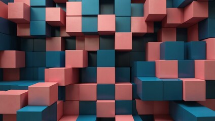 Abstract geometric composition with cubes in blue and pink.