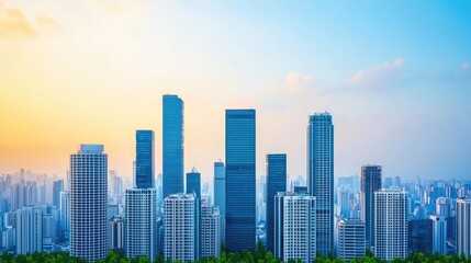 Obraz premium A vibrant city skyline at sunrise, showcasing modern skyscrapers against a clear blue sky, symbolizing urban growth and innovation.