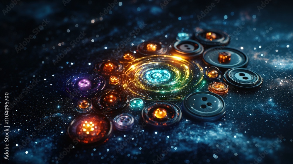 Poster Cosmic spiral of buttons space abstract art digital environment macro view creativity unleashed